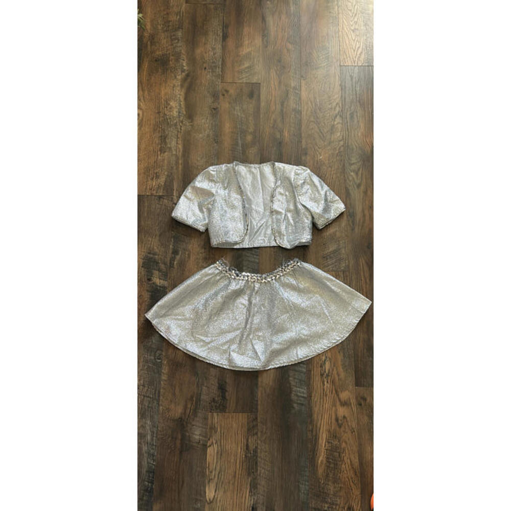 Handmade Silver Metallic Two-Piece Set—Vest with Puff Sleeves and circle Skirt